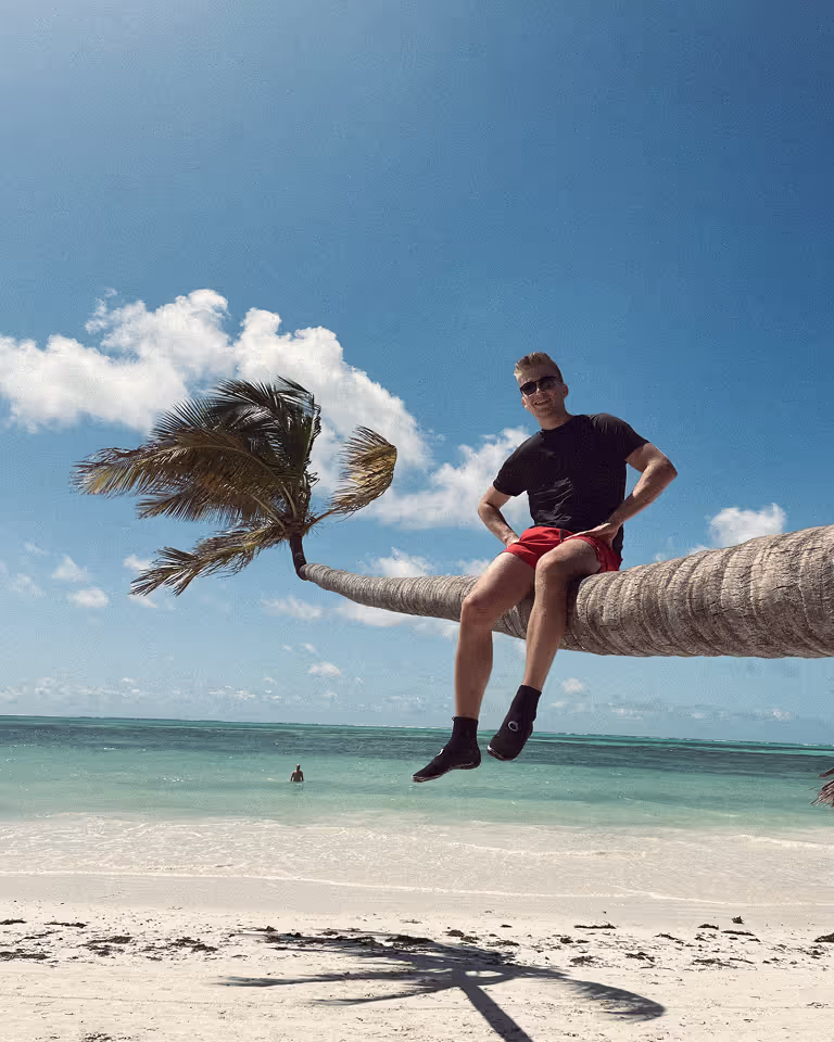 Freelance designer and Webflow developer Jaroslav Dlask sitting on a palm tree lol.