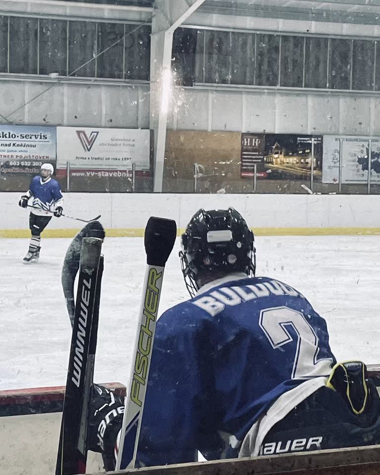 Freelance designer and Webflow developer Jaroslav Dlask playing ice hockey.