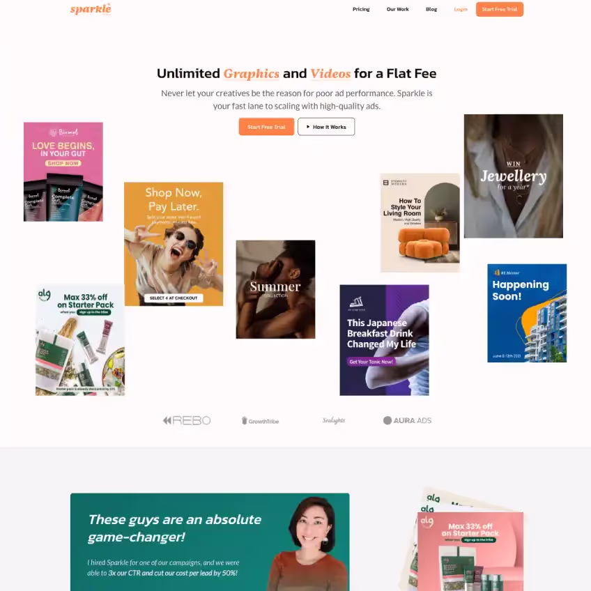 Hero section design with floating images of ads for Sparkle