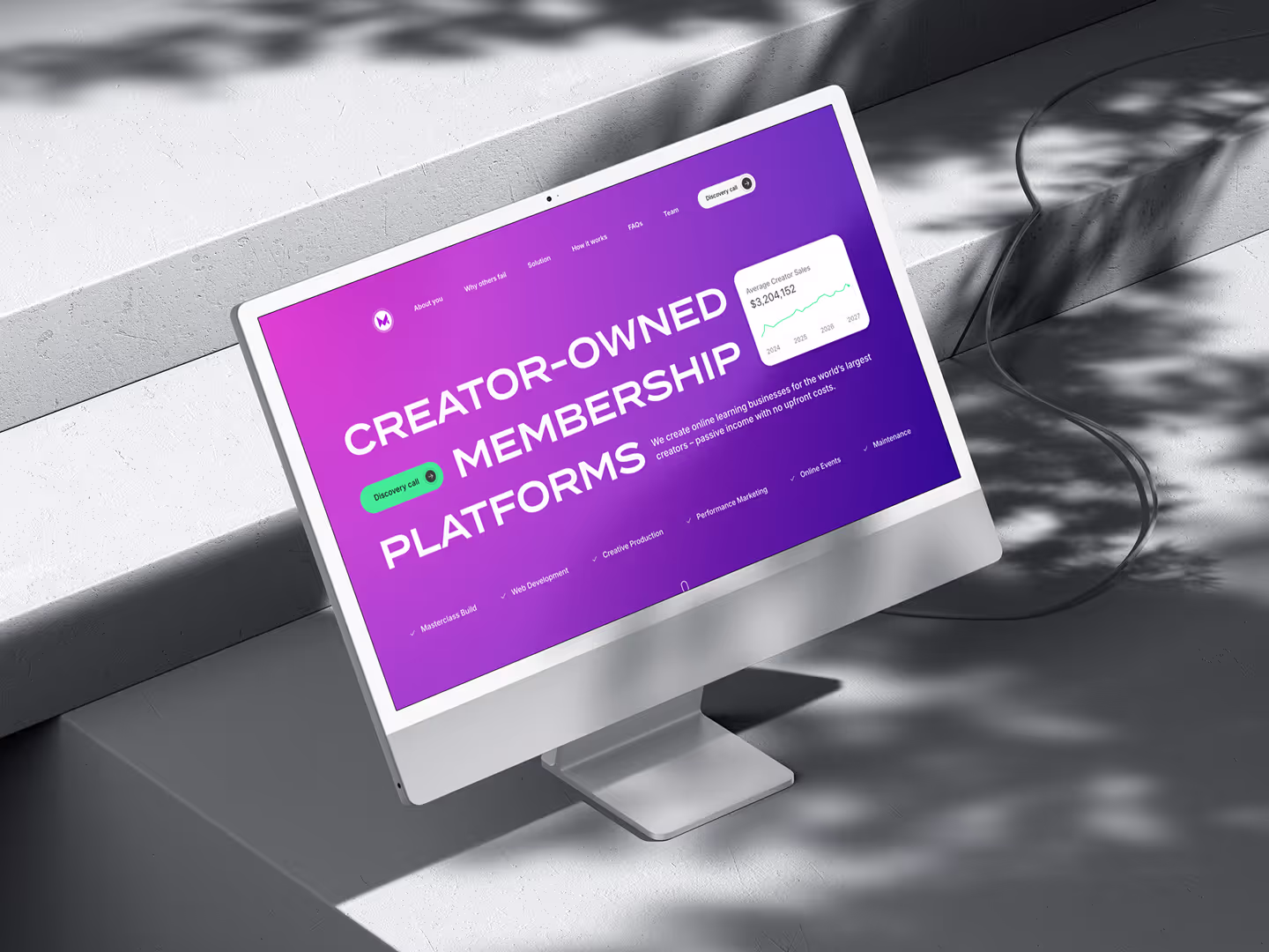 Purple gradient hero section design with title image bento composition.