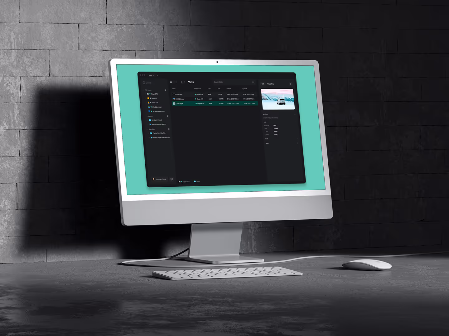 Startup dark desktop app design for file management for filmmakers.