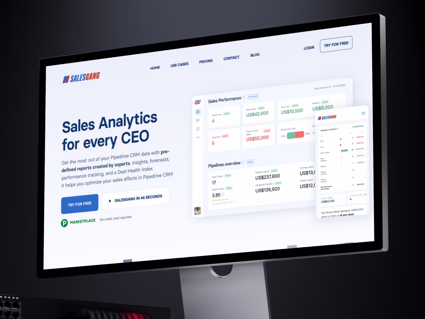 SalesGang light hero section design featuring app UI.