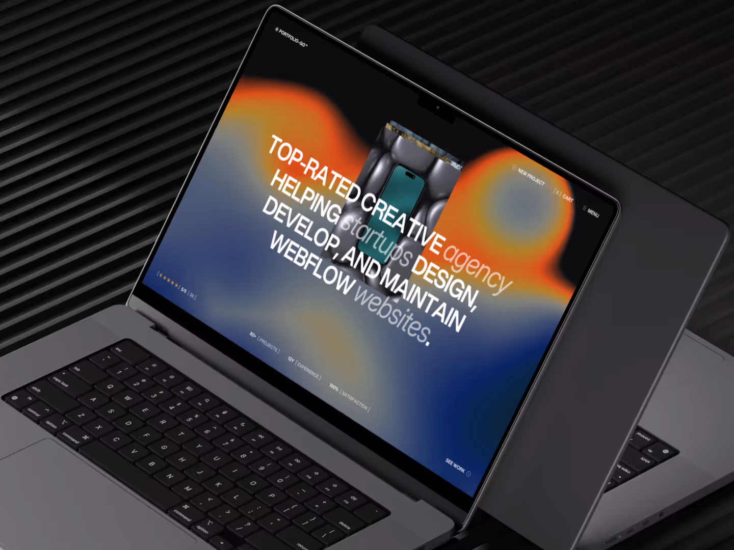 Animated gradient reacting to mouse movement on agency or creative freelance website template. Hero section web desing based on good typography.