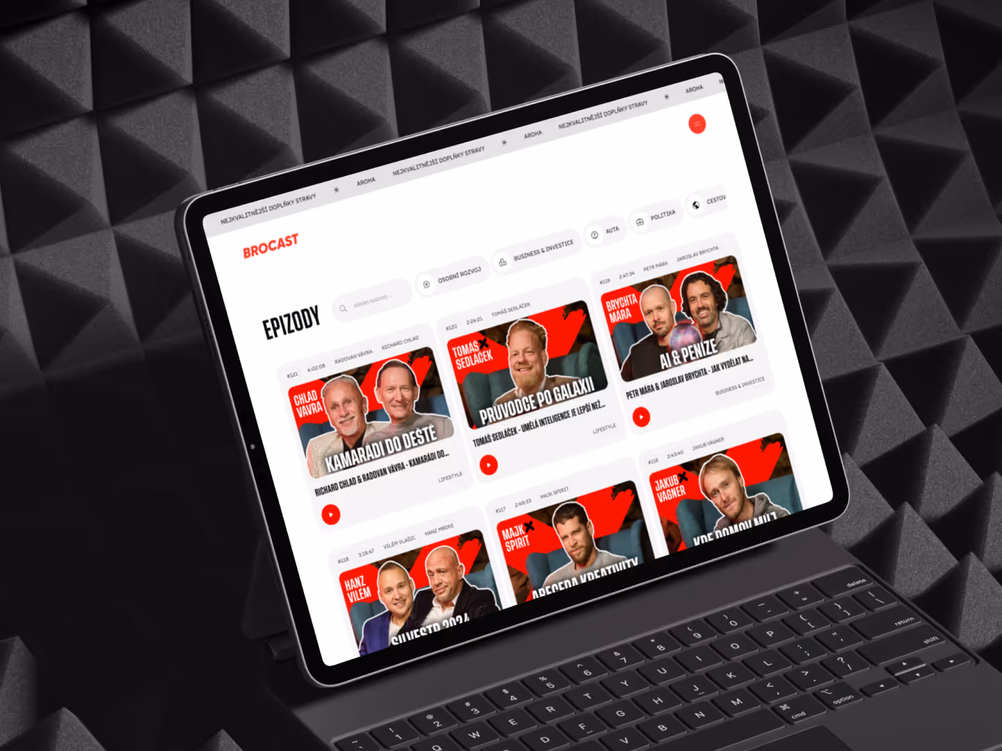 Brocast light web design hero section featuring episode thumbnails, categories and search.