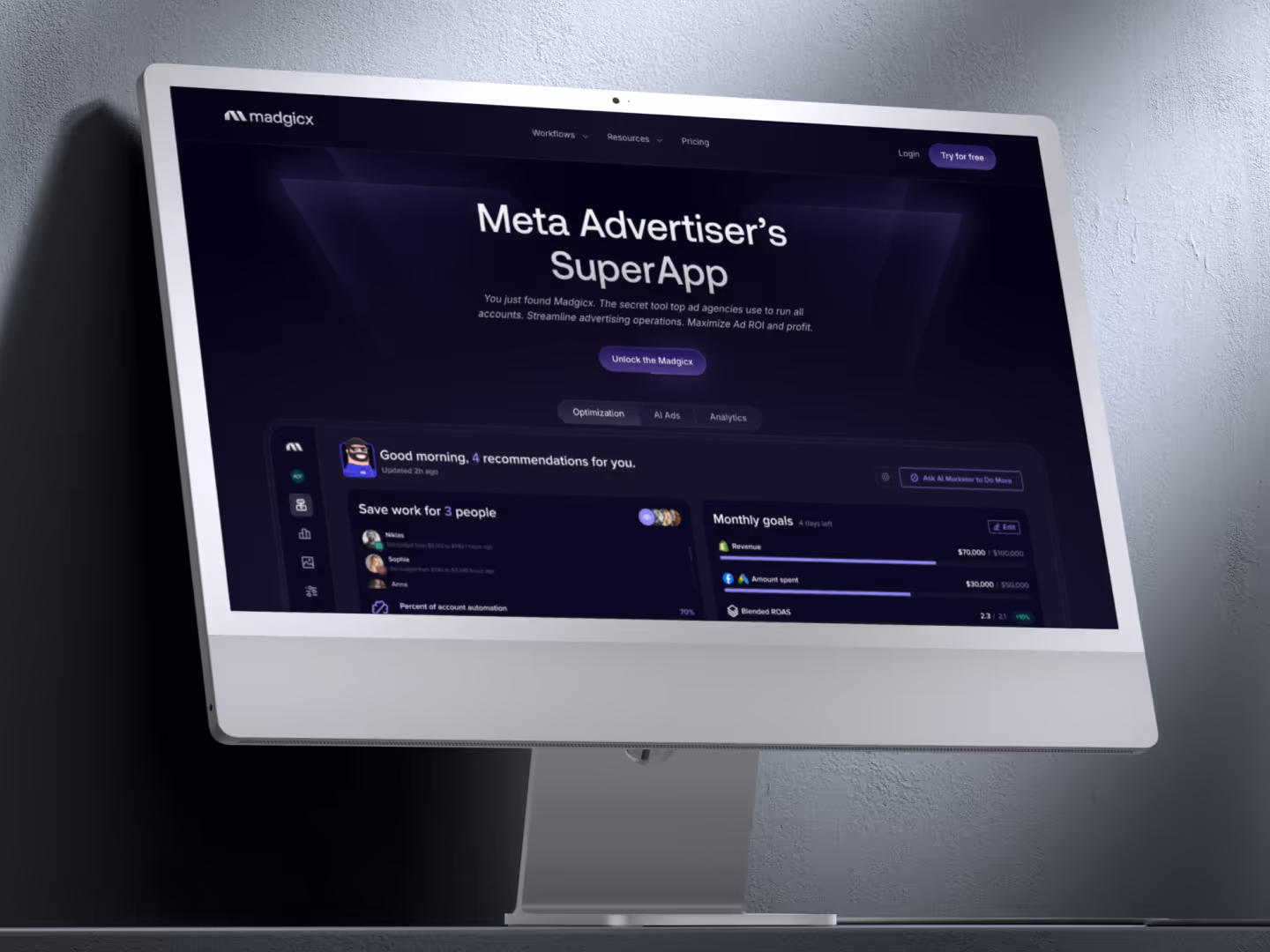 Cool dark purple app software hero section design with pulsating circle animation around div elements designed by Webflow premium partner Jaro for marketing Saas company Madgicx.
