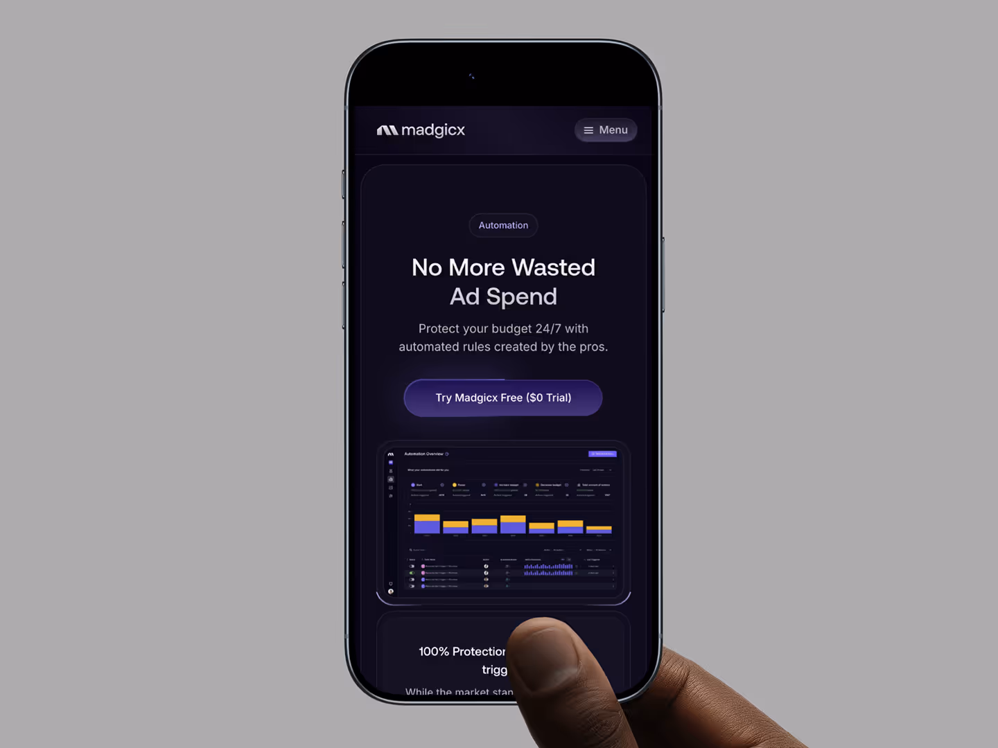 Cool dark purple app software hero section mobile design with pulsating circle animation around div elements designed by Webflow premium partner Jaro for marketing Saas company Madgicx.